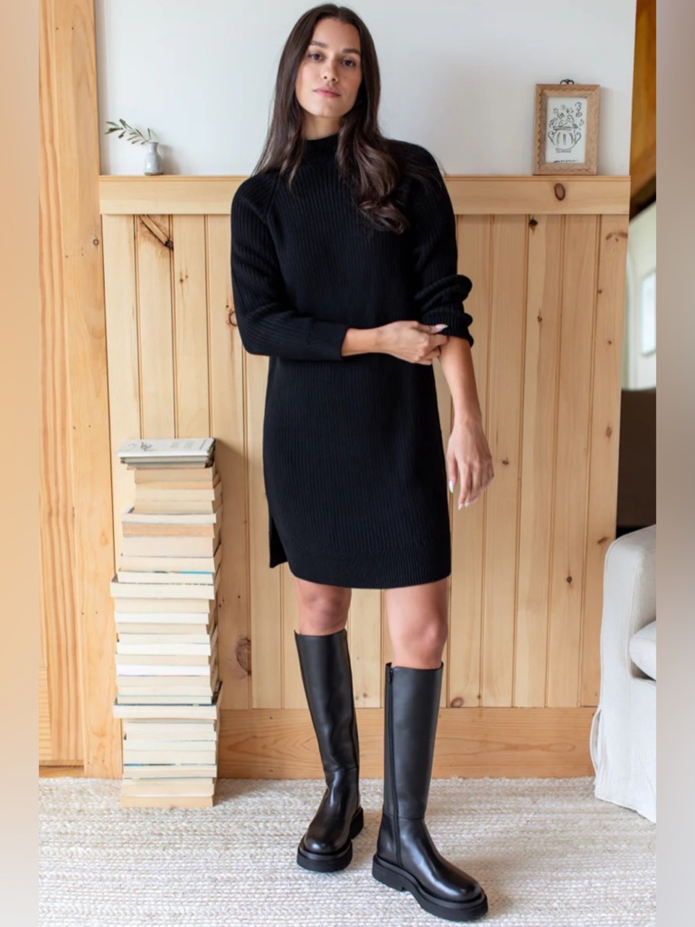 EMERSON FRY RIB KNIT SWEATER DRESS - BLACK ORGANIC